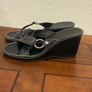 Coach Black Leather Wedge Sandals